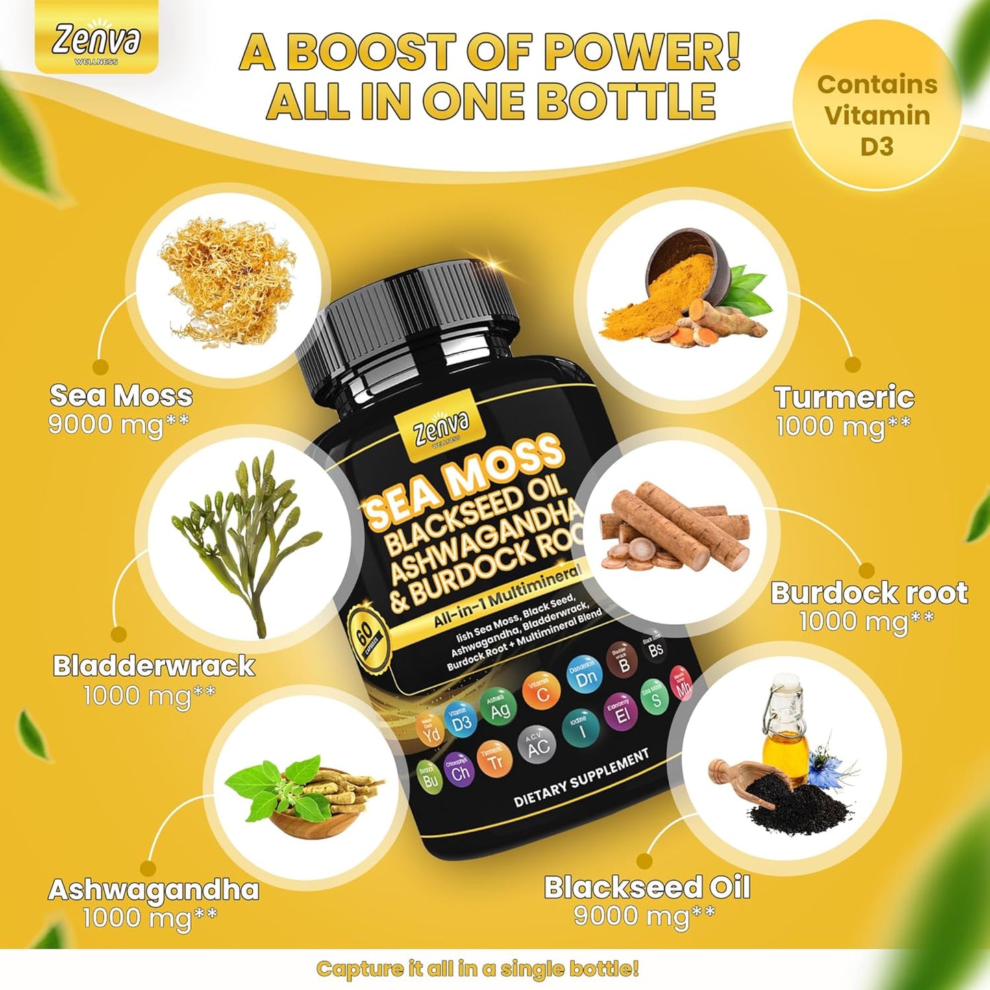 Multimineral Seamoss Capsules with Black Seed Oil, Ashwagandha, and Ginger - Sea Moss Pills with Elderberry, Turmeric, and Vitamin D3