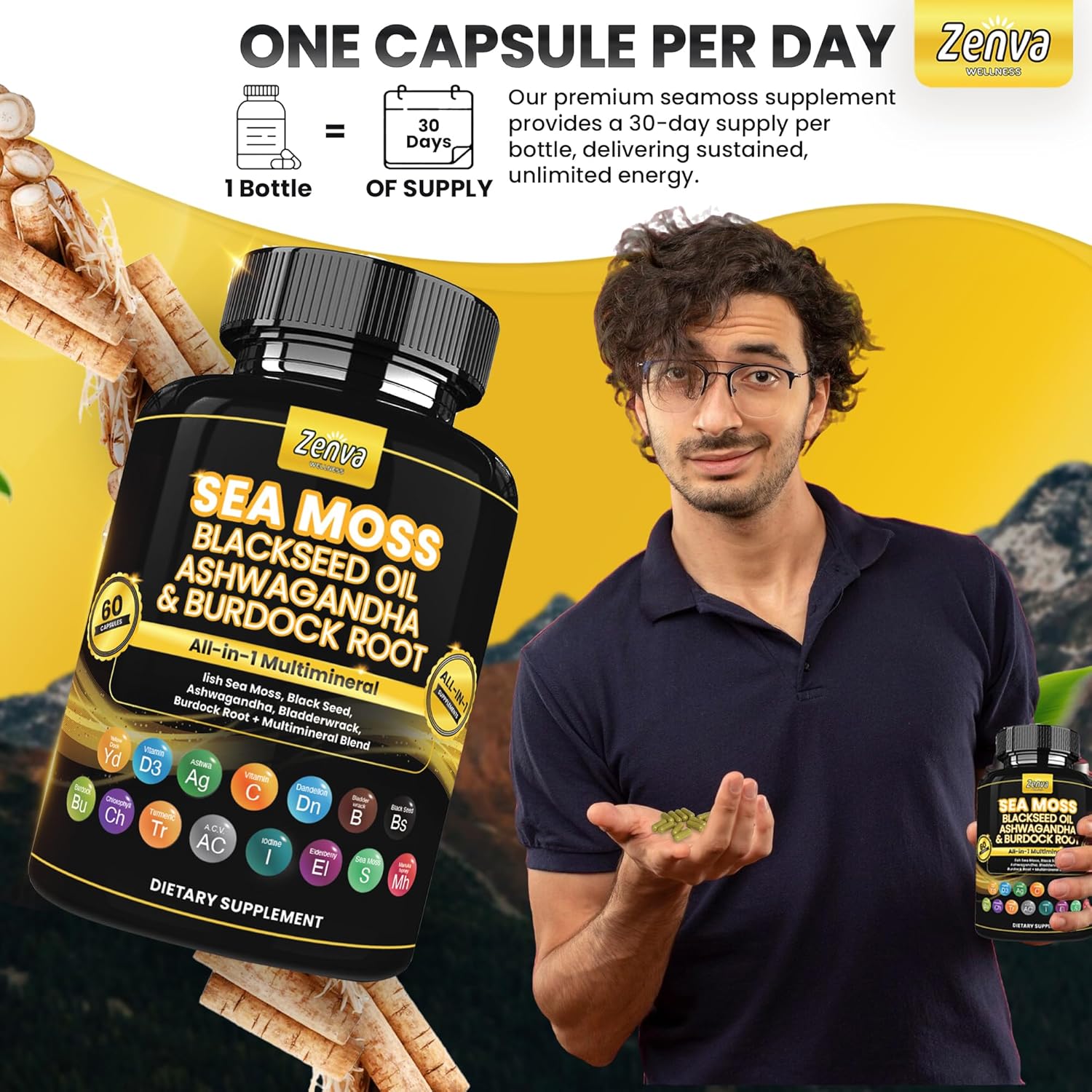 Multimineral Seamoss Capsules with Black Seed Oil, Ashwagandha, and Ginger - Sea Moss Pills with Elderberry, Turmeric, and Vitamin D3