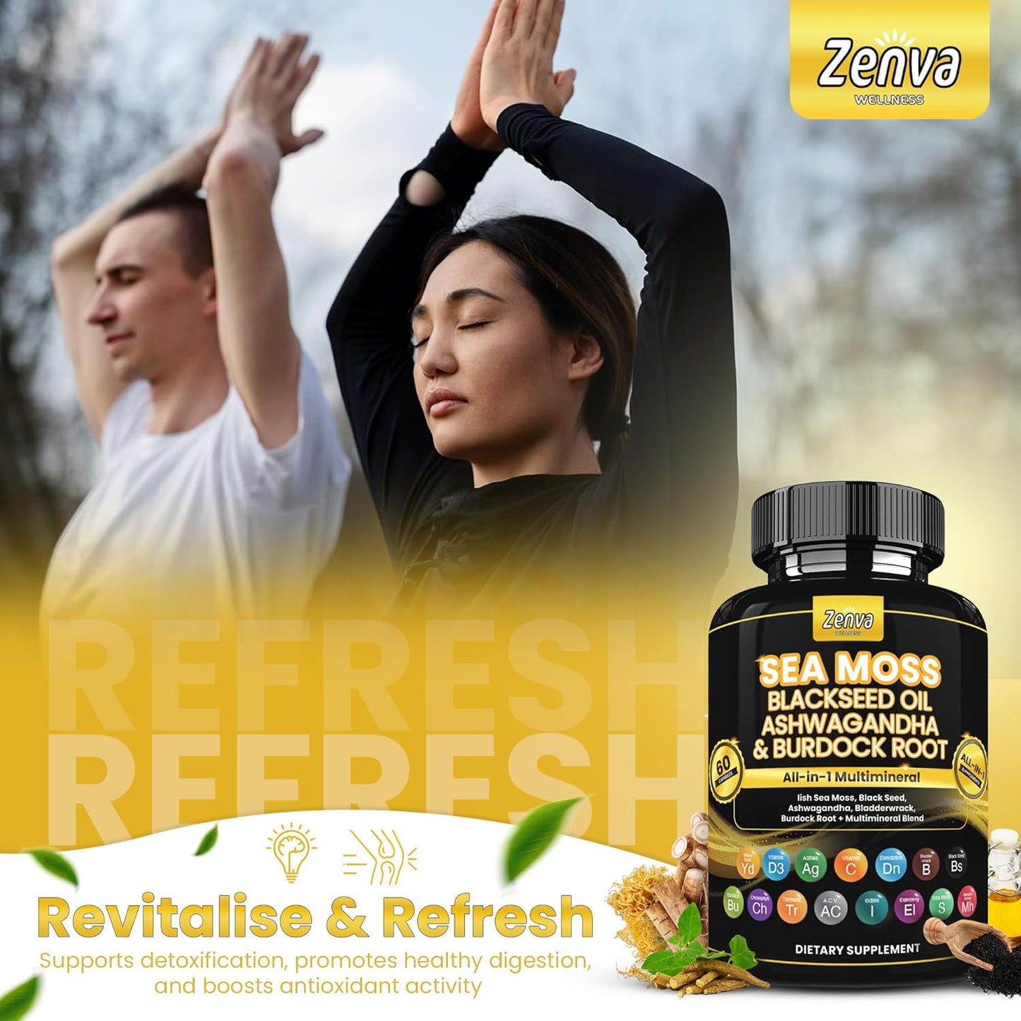 Multimineral Seamoss Capsules with Black Seed Oil, Ashwagandha, and Ginger - Sea Moss Pills with Elderberry, Turmeric, and Vitamin D3