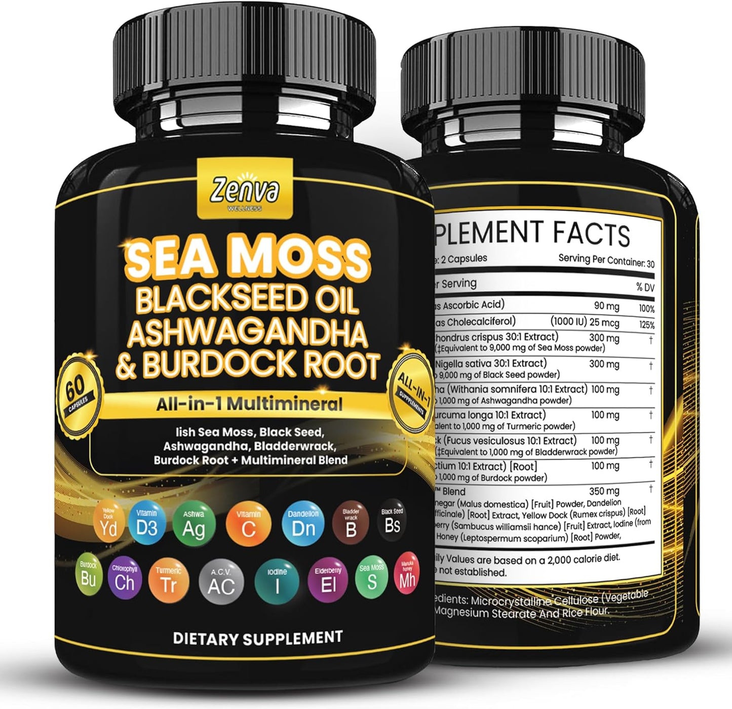 Multimineral Seamoss Capsules with Black Seed Oil, Ashwagandha, and Ginger - Sea Moss Pills with Elderberry, Turmeric, and Vitamin D3