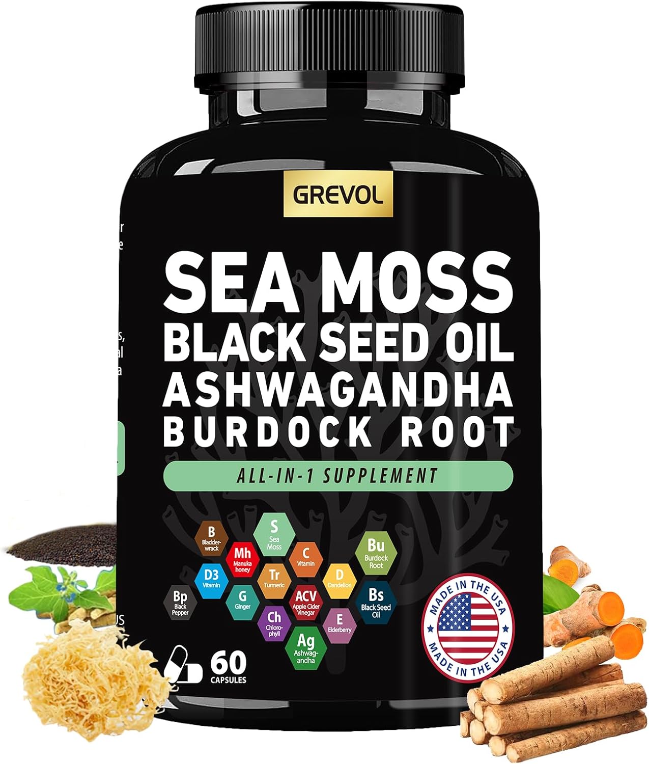 Multimineral Supplement with Sea Moss, Black Seed Oil, Ashwagandha, and Elderberry - 60 Count
