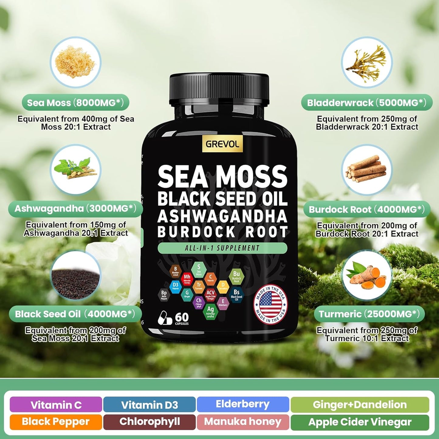 Multimineral Supplement with Sea Moss, Black Seed Oil, Ashwagandha, and Elderberry - 60 Count