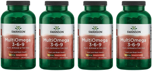 MultiOmega 3-6-9 Softgels with Flax, Borage, & Fish Oil - Non-GMO Capsules for Cardiovascular & Brain Health - 220ct, 2400mg - Pack of 4