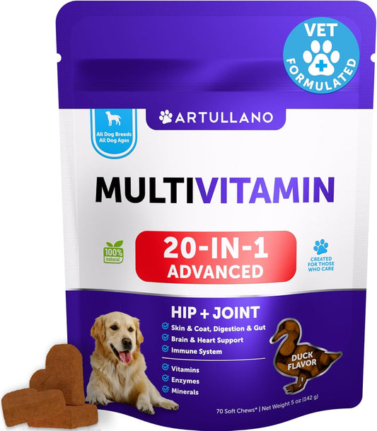 Multivitamin for Dogs with Glucosamine - Chewable Dog Supplements for Hip & Joint Support, Immunity, Skin, Digestion - 70 Soft Treats, Senior & Puppy Formula
