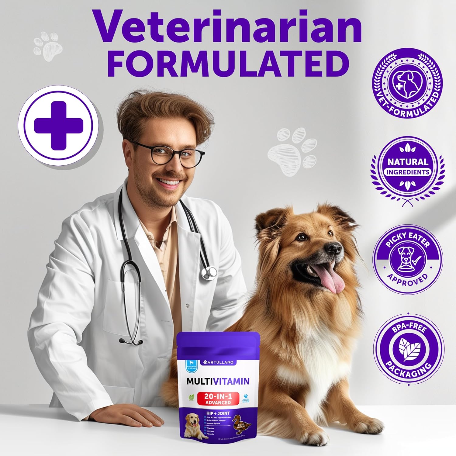 Multivitamin for Dogs with Glucosamine - Chewable Dog Supplements for Hip & Joint Support, Immunity, Skin, Digestion - 70 Soft Treats, Senior & Puppy Formula
