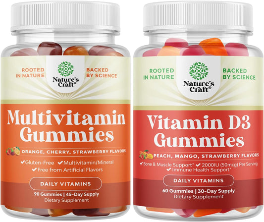 Multivitamin Gummies Bundle for Women & Men with Vitamin D3 Immune Support - Vitamin A C D E B 12 Zinc Biotin - Bone Strength Heart Health
