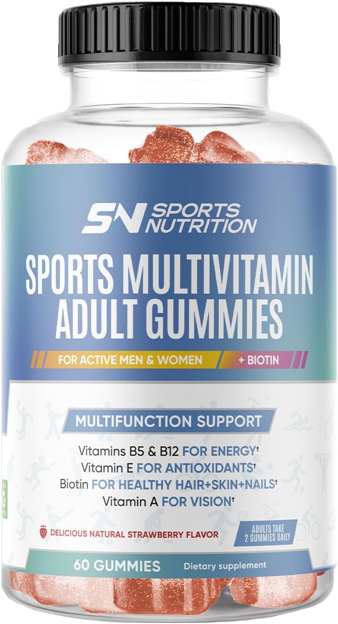 Multivitamin Gummies with Biotin for Active Men and Women - 60 Delicious Strawberry Flavored Gummies with Vitamins B5 and B12