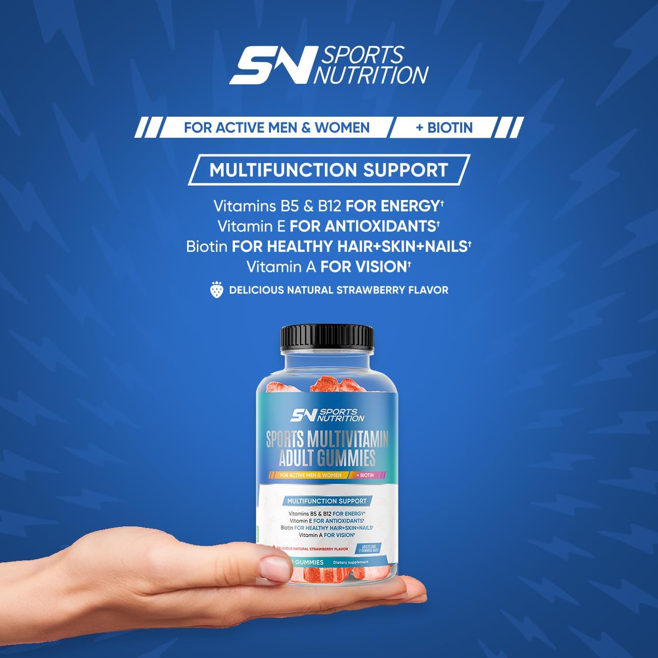 Multivitamin Gummies with Biotin for Active Men and Women - 60 Delicious Strawberry Flavored Gummies with Vitamins B5 and B12