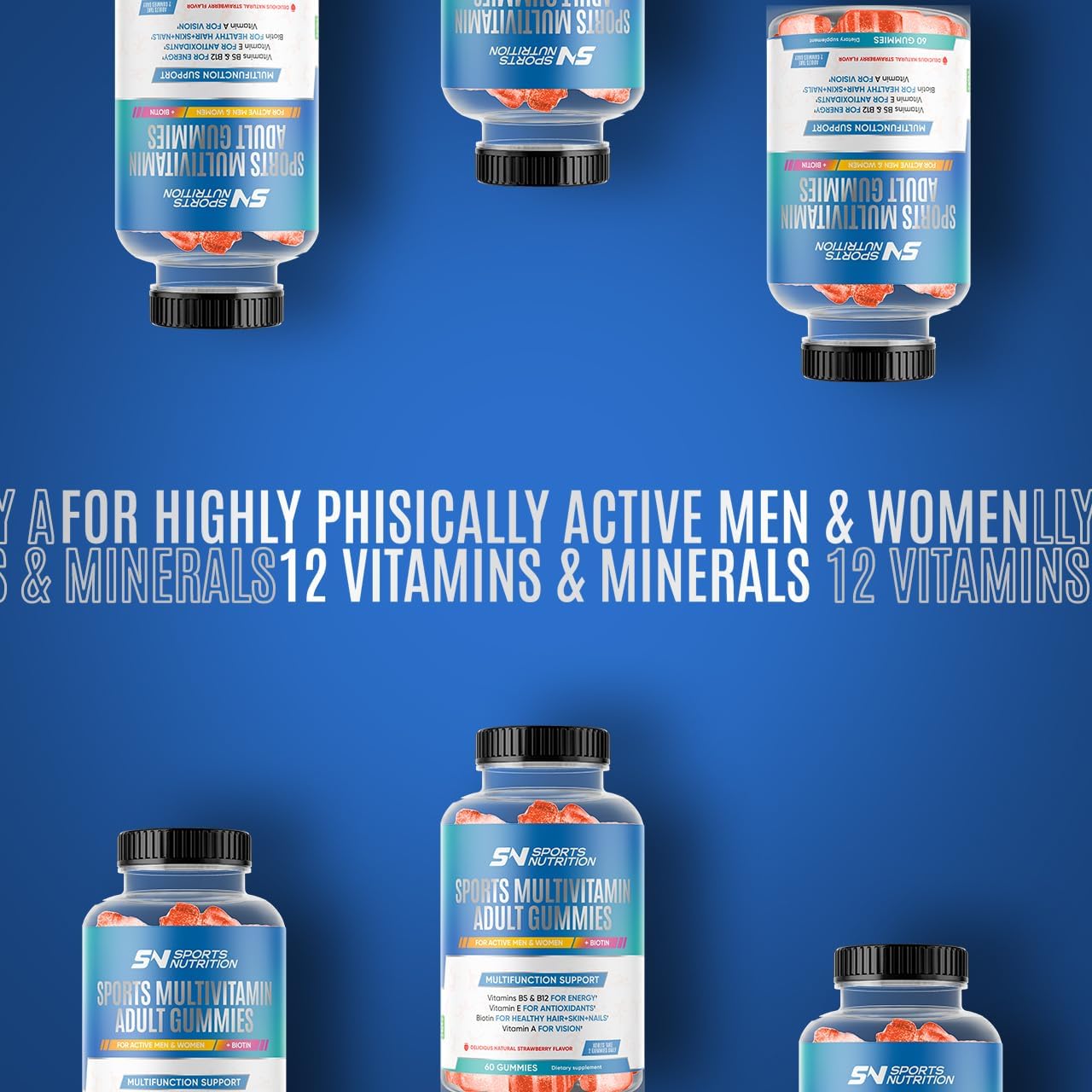 Multivitamin Gummies with Biotin for Active Men and Women - 60 Delicious Strawberry Flavored Gummies with Vitamins B5 and B12