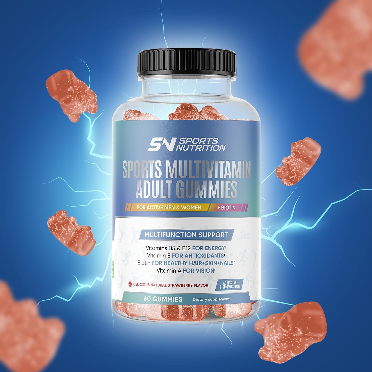 Multivitamin Gummies with Biotin for Active Men and Women - 60 Delicious Strawberry Flavored Gummies with Vitamins B5 and B12