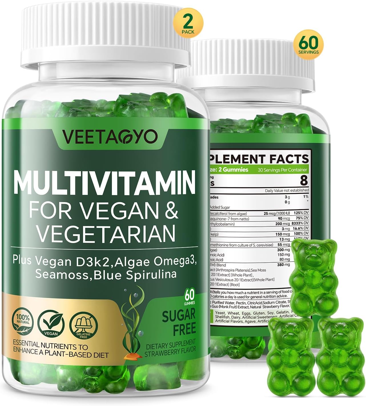 Multivitamin Magnesium Gummies 500mg with Vitamin D3 and K2-1000IU D3 90mcg K2 - 400mg
