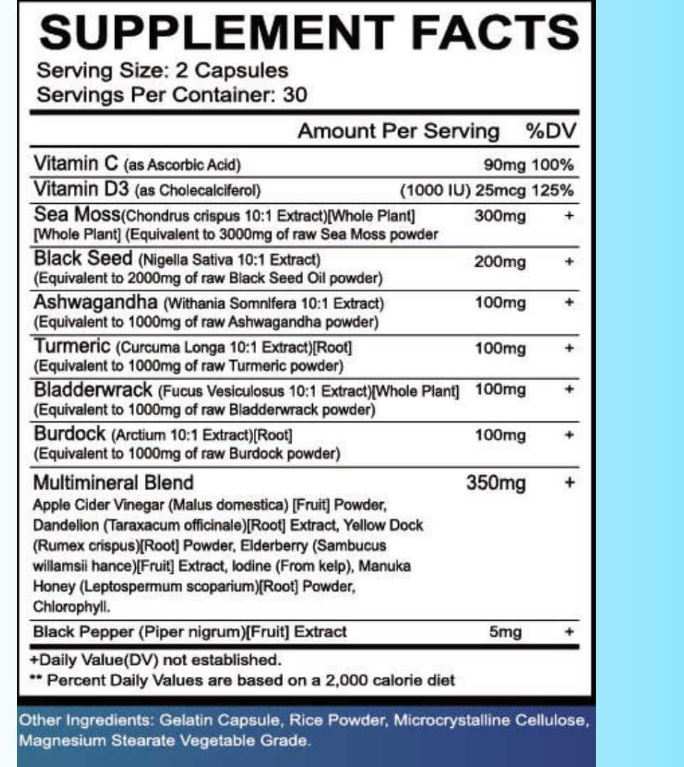 Multivitamin Supplement with Sea Moss, Black Seed Oil, Ashwagandha, Turmeric, Bladderwrack, Burdock, Elderberry, and More