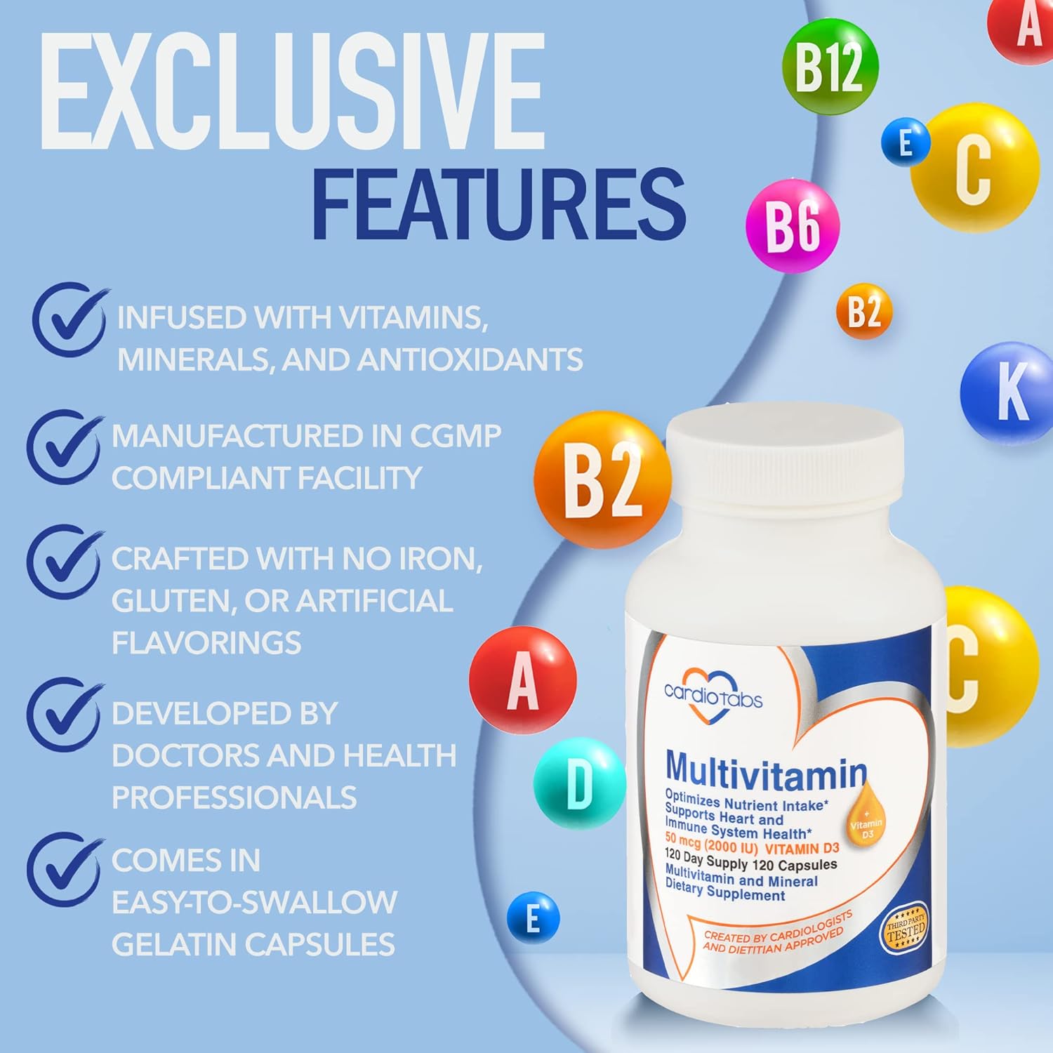 Multivitamin with CardioTabs for Men & Women - Heart & Immune Support, B-Complex, Vitamins A, C, E, K, D3 - 120 Count