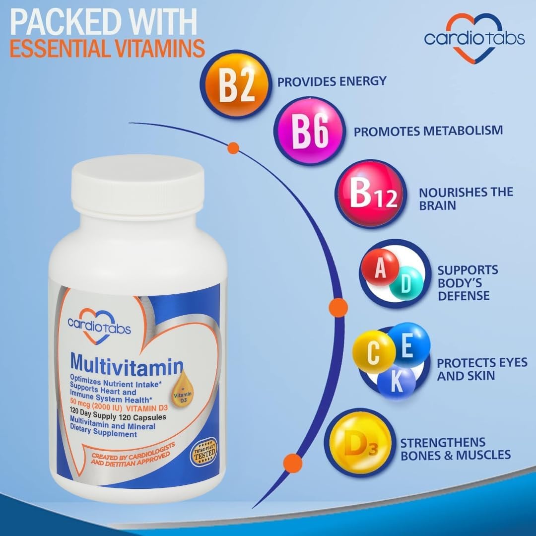 Multivitamin with CardioTabs for Men & Women - Heart & Immune Support, B-Complex, Vitamins A, C, E, K, D3 - 120 Count