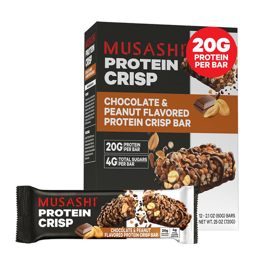 Musashi Chocolate & Peanut Protein Crisp Bar, 20g Protein, 4g Sugars, Post Workout Snack, 12 Pack, 2.1oz Bars