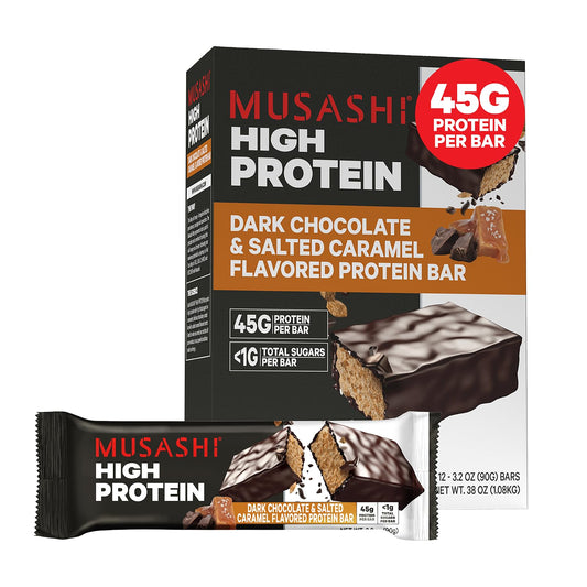Musashi High Protein Bar, 45g Protein, Dark Chocolate & Salted Caramel Flavor, Low Sugar, Convenient 12 Pack, Ideal Post-Workout Snack