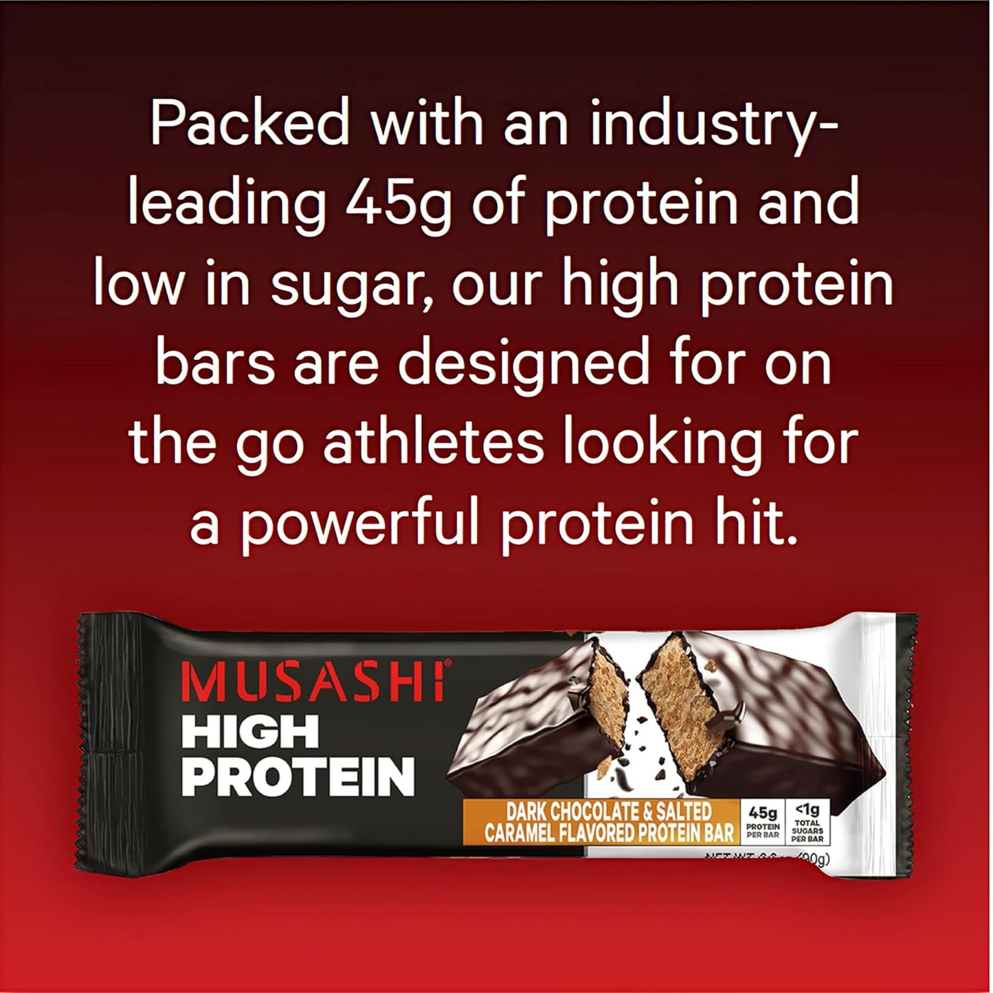Musashi High Protein Bar, 45g Protein, Dark Chocolate & Salted Caramel Flavor, Low Sugar, Convenient 12 Pack, Ideal Post-Workout Snack