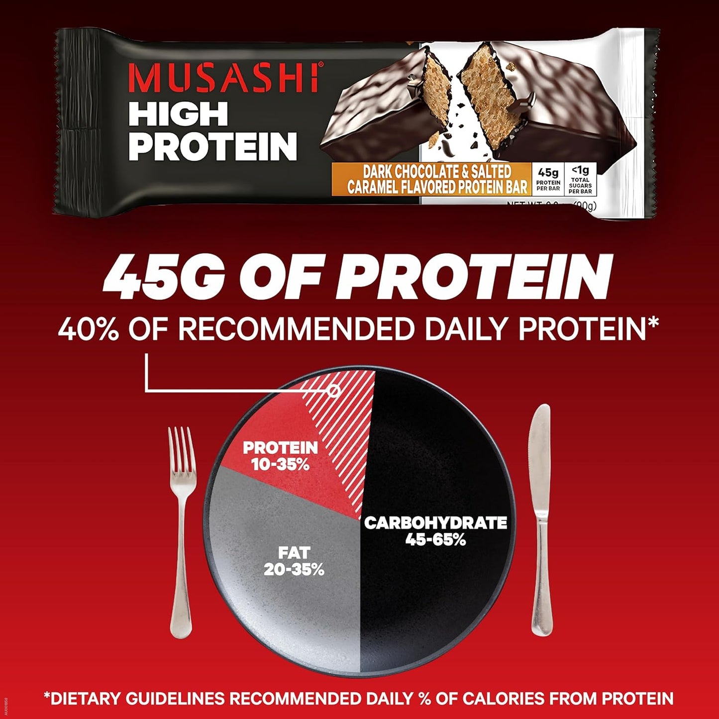 Musashi High Protein Bar, 45g Protein, Dark Chocolate & Salted Caramel Flavor, Low Sugar, Convenient 12 Pack, Ideal Post-Workout Snack