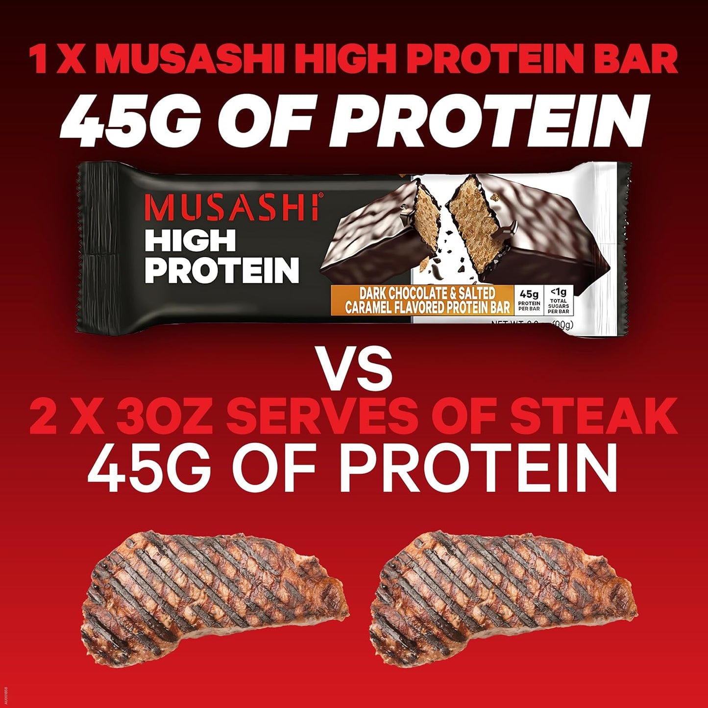 Musashi High Protein Bar, 45g Protein, Dark Chocolate & Salted Caramel Flavor, Low Sugar, Convenient 12 Pack, Ideal Post-Workout Snack