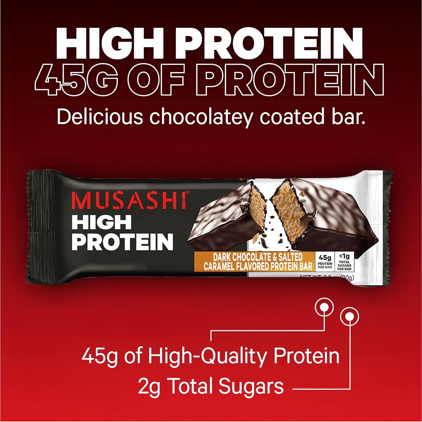 Musashi High Protein Bar, 45g Protein, Dark Chocolate & Salted Caramel Flavor, Low Sugar, Convenient 12 Pack, Ideal Post-Workout Snack