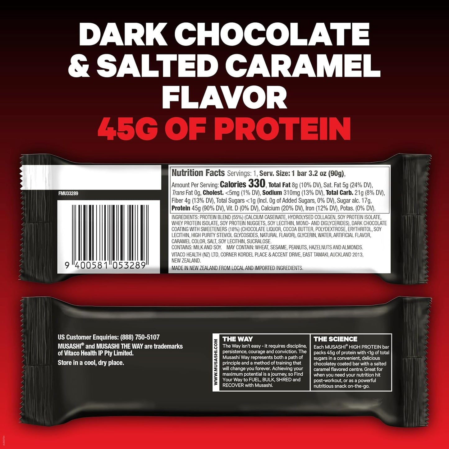 Musashi High Protein Bar, 45g Protein, Dark Chocolate & Salted Caramel Flavor, Low Sugar, Convenient 12 Pack, Ideal Post-Workout Snack