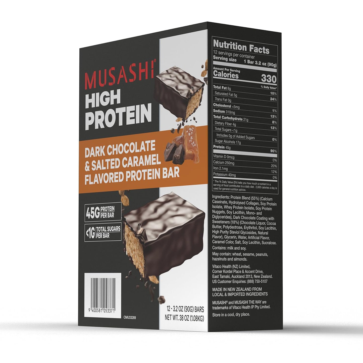 Musashi High Protein Bar, 45g Protein, Dark Chocolate & Salted Caramel Flavor, Low Sugar, Convenient 12 Pack, Ideal Post-Workout Snack