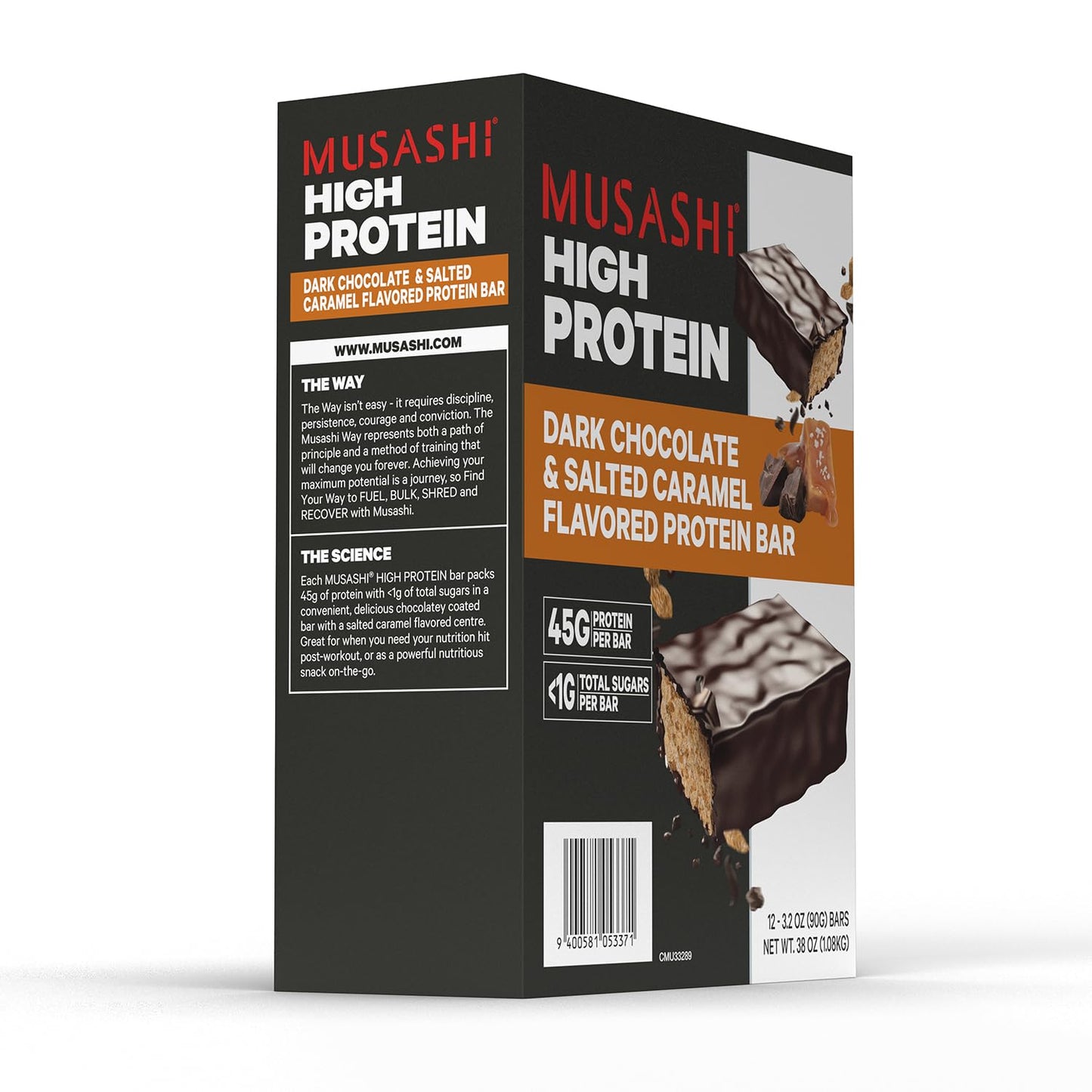 Musashi High Protein Bar, 45g Protein, Dark Chocolate & Salted Caramel Flavor, Low Sugar, Convenient 12 Pack, Ideal Post-Workout Snack