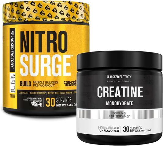 Muscle-Building Combo: Jacked Factory Nitrosurge Pre Workout with Creatine + Creatine Monohydrate Powder (30 Servings Each)