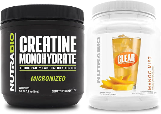 Muscle Energy and Recovery Bundle: NutraBio Creatine Monohydrate and Clear Whey Protein Isolate, Unflavored and Mango Mist, 150 g each