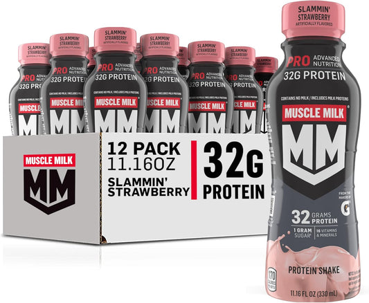 Muscle Milk Pro Advanced Nutrition Slammin' Strawberry Protein Shake, 11.16 Fl Oz (12 Pack), 32g Protein, 1g Sugar, 16 Vitamins & Minerals, 5g Fiber