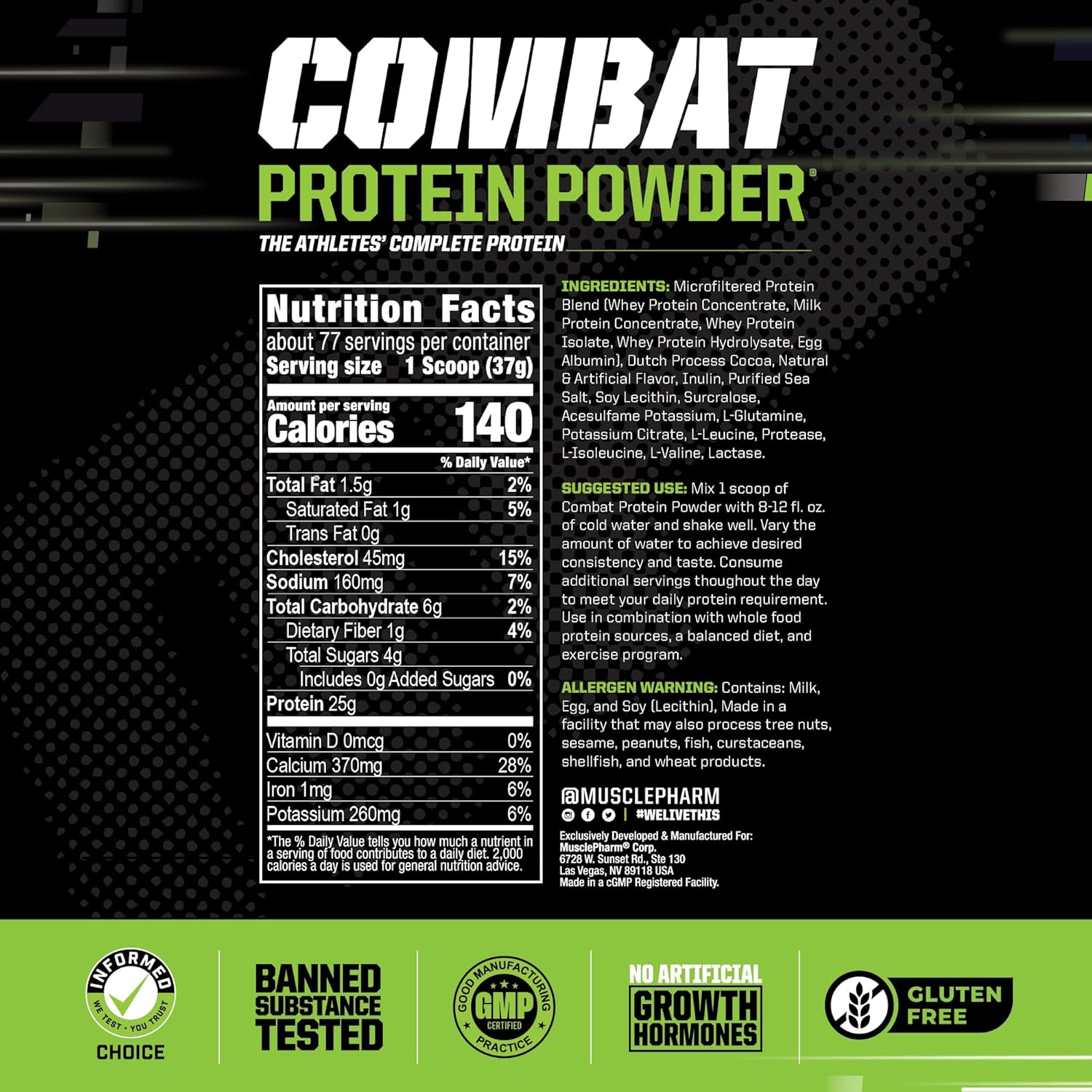 Muscle Pharm Combat Protein Powder, Chocolate Milk Flavor, 6.2 lb - 77 Servings, 5 Protein Sources, Gluten Free - Fuel Your Muscles for Better Workouts