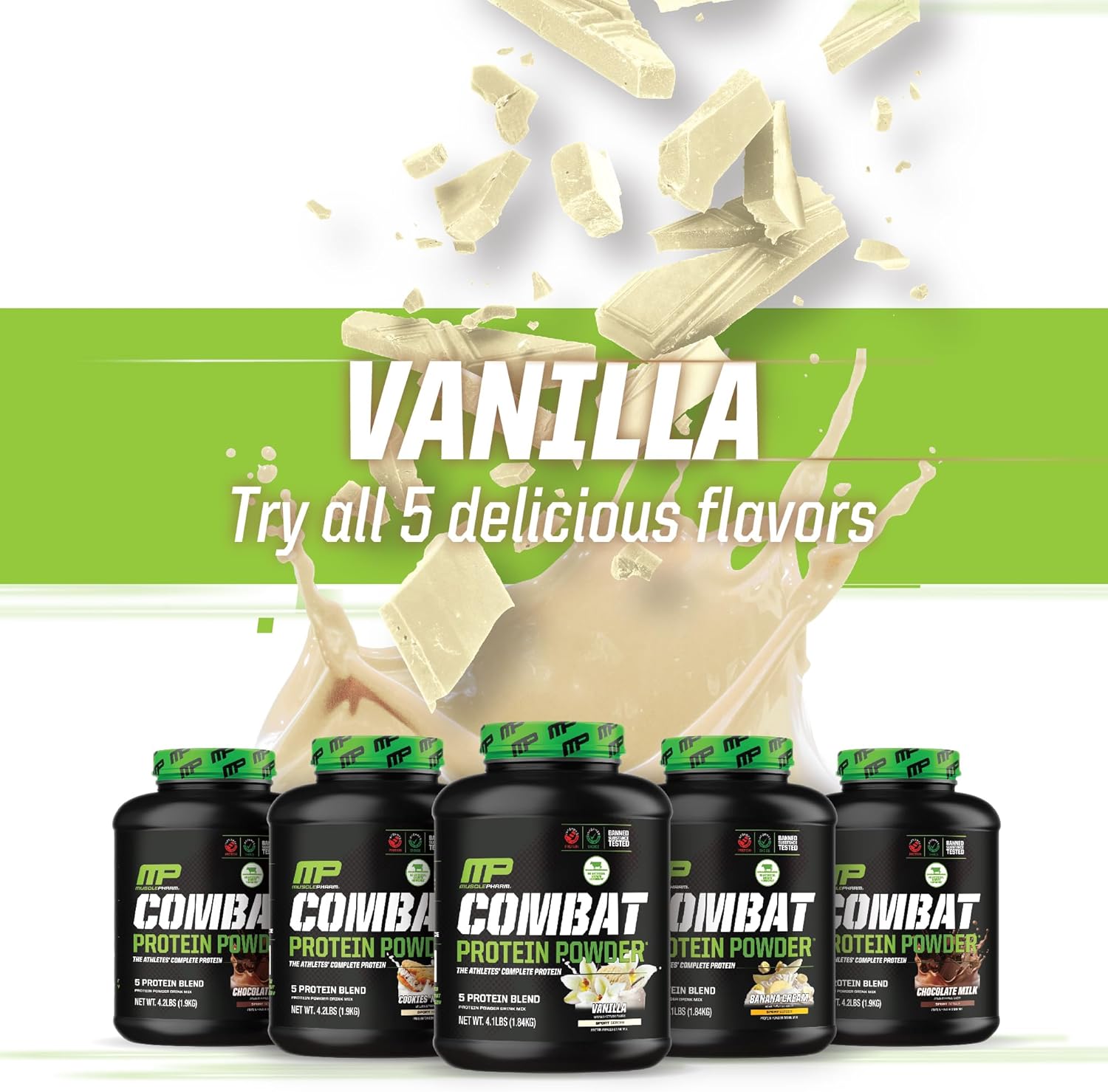 Muscle Pharm Combat Protein Powder, Vanilla Flavor, 2 lb, 26 Servings, Gluten Free, 5 Protein Sources Including Whey Protein Isolate & Egg Albumin for Effective Workouts