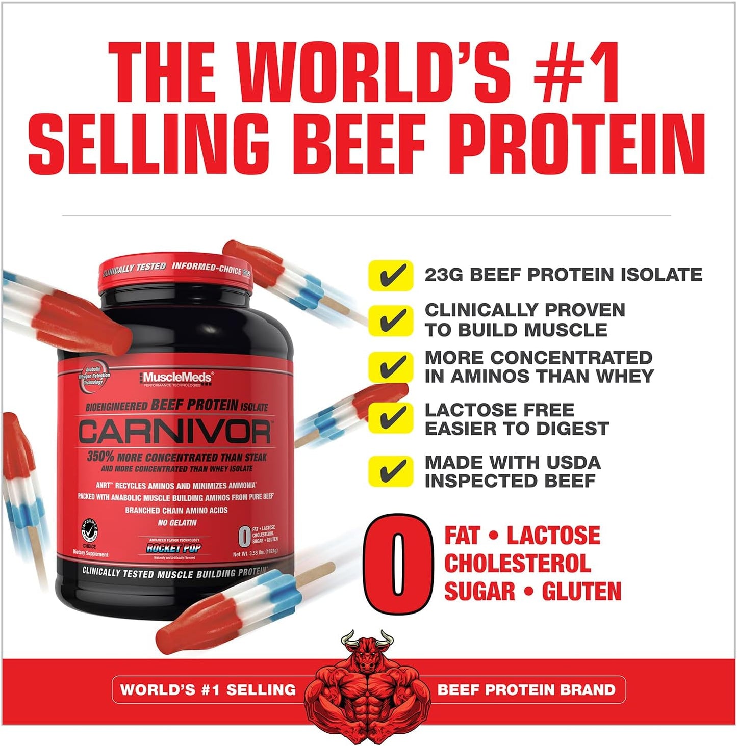 MuscleMeds CARNIVOR Beef Protein Isolate Powder - 23g Protein, Rocket Pop Flavor, Muscle Building & Recovery, Lactose/Sugar/Fat-Free - 56 Servings
