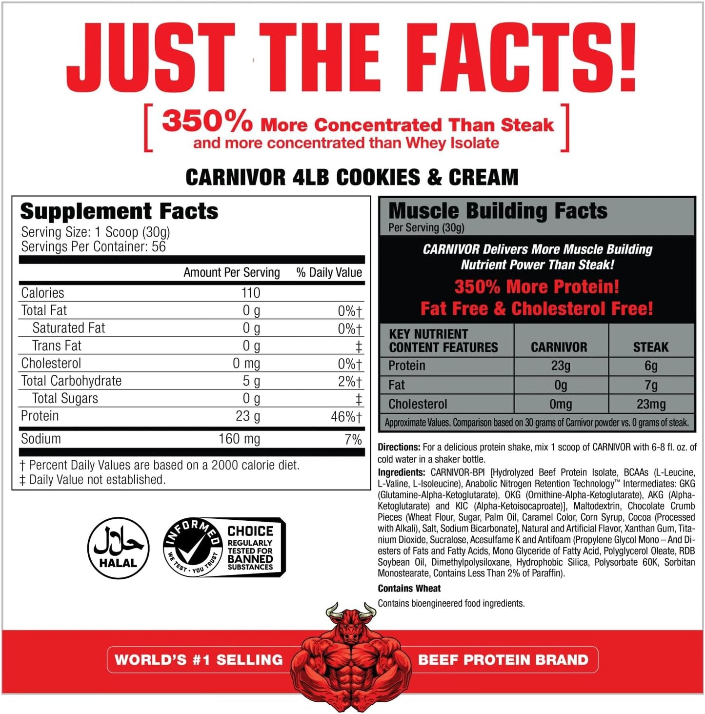 MuscleMeds Carnivor Cookies & Cream Beef Protein Isolate Powder - 56 Servings, 1680g, 59.2oz, 3.7lb