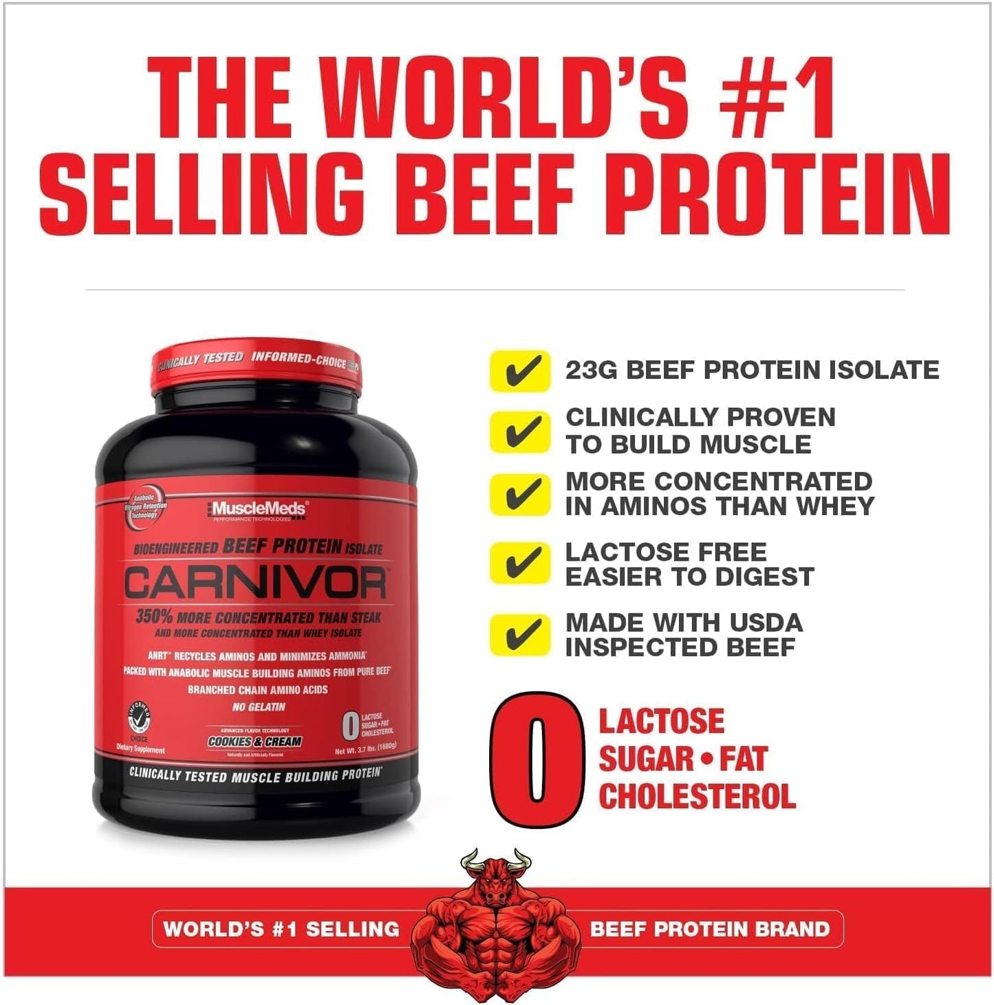 MuscleMeds Carnivor Cookies & Cream Beef Protein Isolate Powder - 56 Servings, 1680g, 59.2oz, 3.7lb
