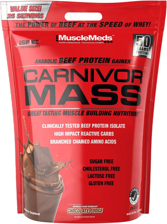 MuscleMeds Carnivor Mass Anabolic Beef Protein Gainer, Chocolate Fudge Flavor, 10.4 lbs, Brown Color