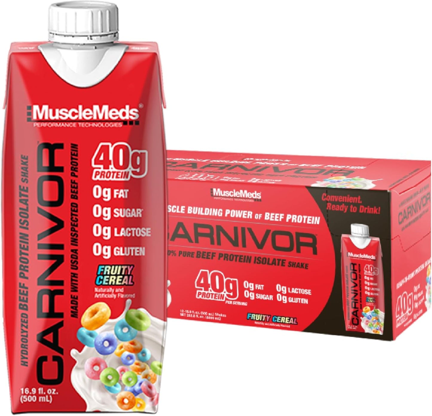 MuscleMeds Carnivor RTD Fruity Cereal Protein Drink, 40g Isolate Protein, Lactose & Sugar Free, Muscle Building & Recovery, Halal Certified, 16.9oz (Pack of 12)