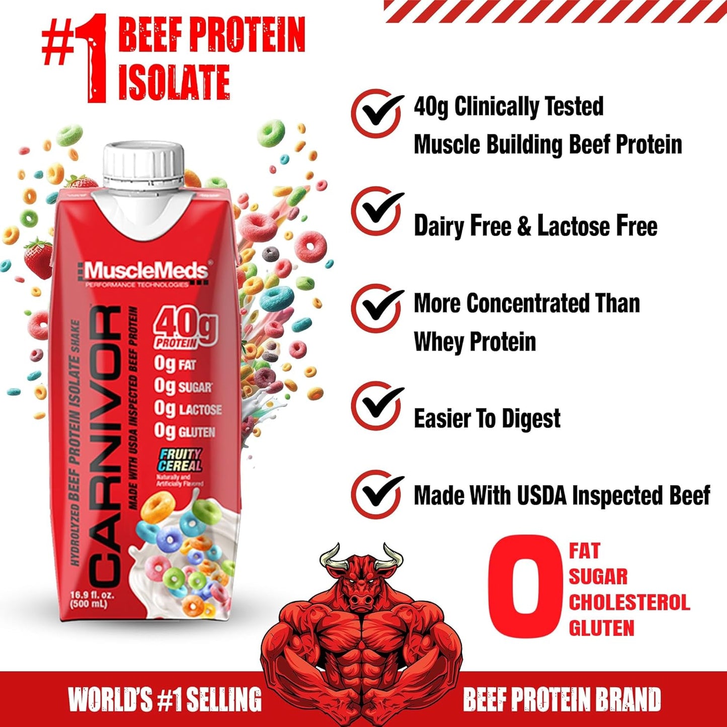 MuscleMeds Carnivor RTD Fruity Cereal Protein Drink, 40g Isolate Protein, Lactose & Sugar Free, Muscle Building & Recovery, Halal Certified, 16.9oz (Pack of 12)