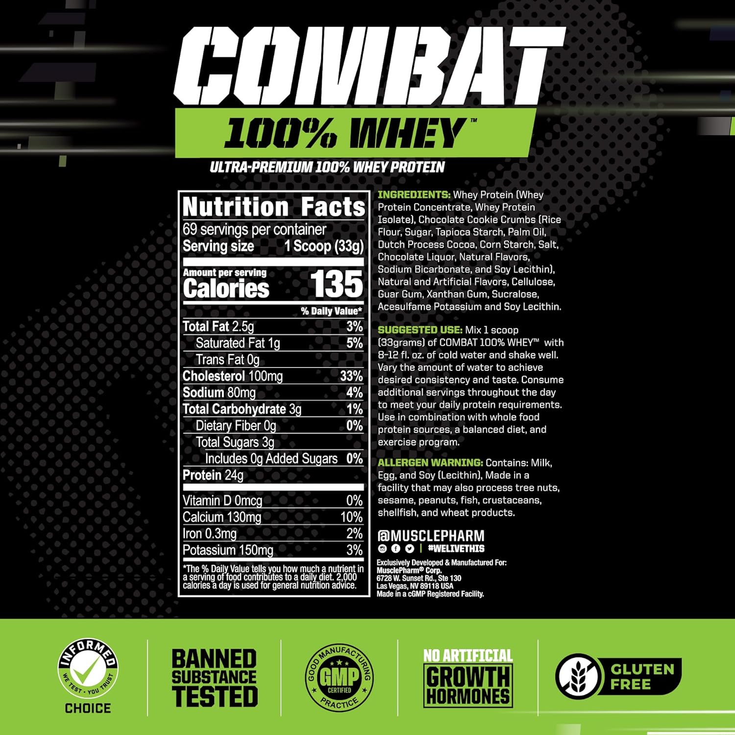 MusclePharm Combat 100% Whey Protein Powder, Cookies ‘N’ Cream Flavor, High Protein for Fast Recovery & Muscle Gain, Whey Protein Isolate, Gluten Free - 5 lb, 70 Servings