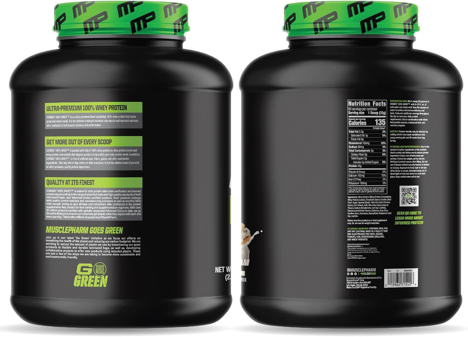MusclePharm Combat 100% Whey Protein Powder, Cookies ‘N’ Cream Flavor, High Protein for Fast Recovery & Muscle Gain, Whey Protein Isolate, Gluten Free - 5 lb, 70 Servings