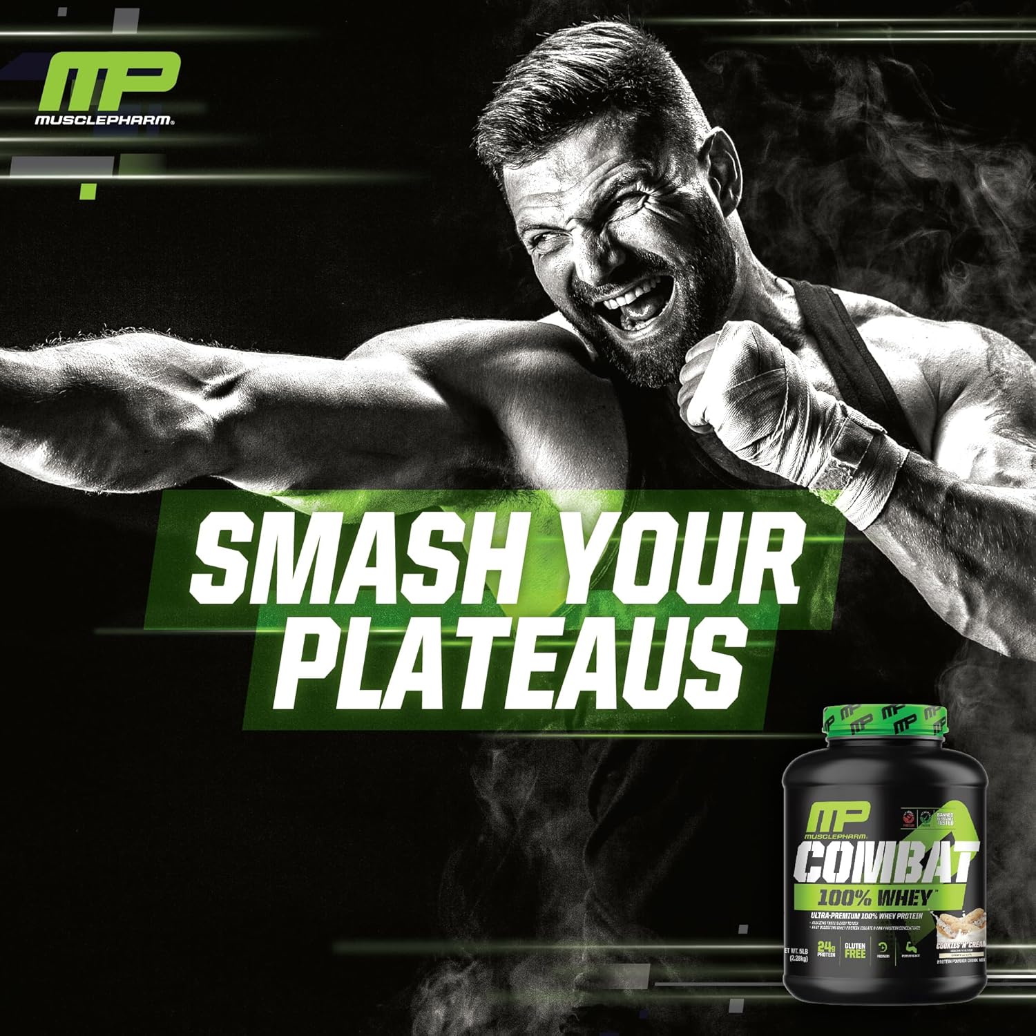 MusclePharm Combat 100% Whey Protein Powder, Cookies ‘N’ Cream Flavor, High Protein for Fast Recovery & Muscle Gain, Whey Protein Isolate, Gluten Free - 5 lb, 70 Servings