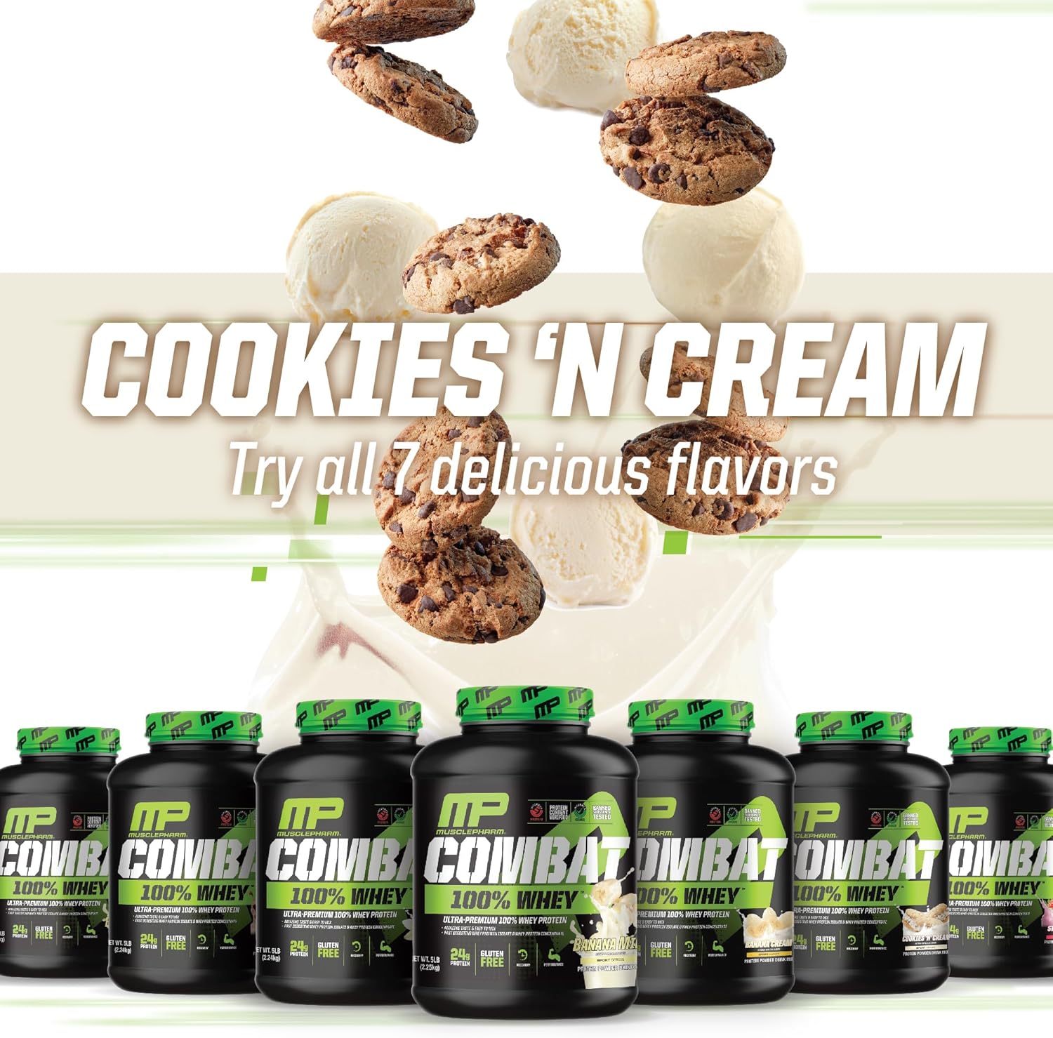 MusclePharm Combat 100% Whey Protein Powder, Cookies ‘N’ Cream Flavor, High Protein for Fast Recovery & Muscle Gain, Whey Protein Isolate, Gluten Free - 5 lb, 70 Servings