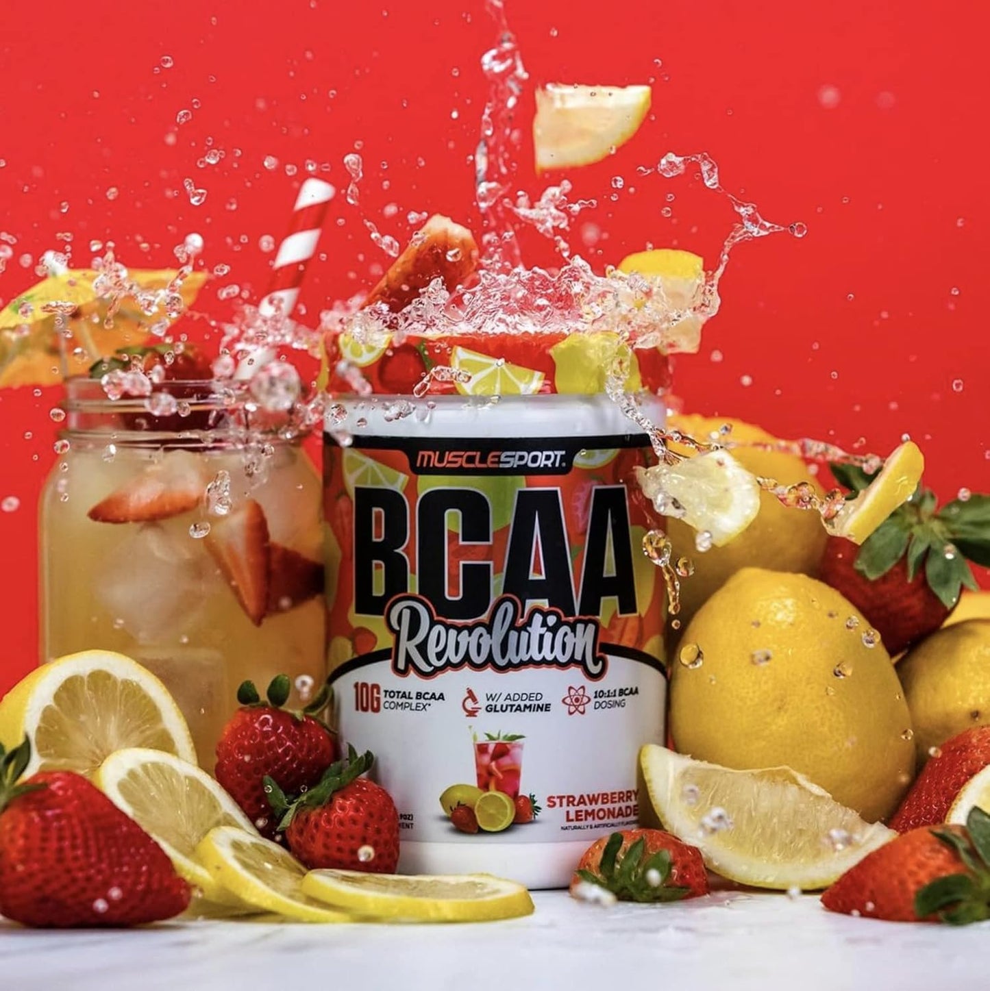 Musclesport BCAA Revolution Amino Acid Powder Supplement - Strawberry Lemonade Flavor - Intra Workout Training & Recovery Complex for Men & Women (30 Servings)