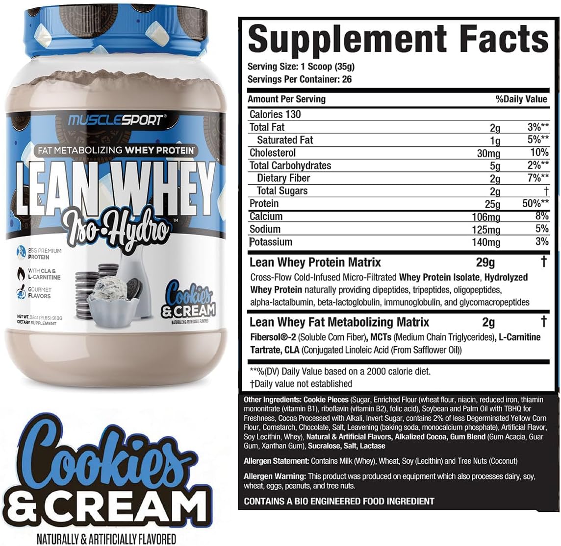 Musclesport Lean Whey Revolution™: Low Calorie, Low Carb, Low Fat Whey Protein Isolate with Hydrolyzed Whey - 25g Protein per Scoop - Cookies N Cream Flavor - 2lb