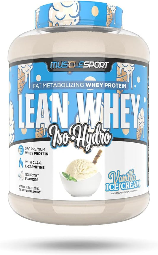 Musclesport Lean Whey Revolution™ Protein Powder - Vanilla Ice Cream Flavor - Low Calorie, Low Carb, Low Fat - 25g Protein per Scoop - 5lb Container