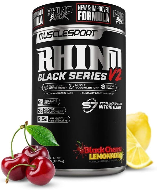 Musclesport Rhino Black® V2 Pre Workout Powder Supplement - Black Cherry Lemonade Flavor - 460g, 20 Servings - Men & Women's Preworkout