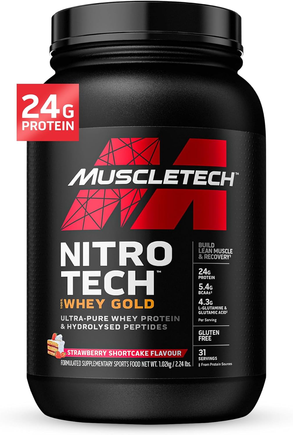 MuscleTech Nitro-Tech Whey Gold Protein Powder - Strawberry Flavor, 2 lbs - Ideal Whey Protein Isolate Smoothie Mix for Women & Men - 28 Servings