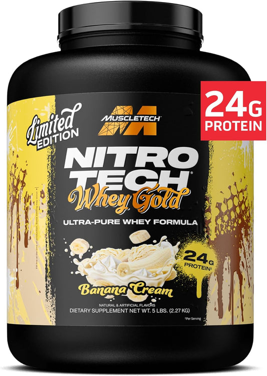 MuscleTech Nitro-Tech Whey Protein Isolate Smoothie Mix, Banana Cream Flavor, 5LB - 24g Whey Gold Protein for Lean Muscle & Recovery - Gluten-Free for Women & Men