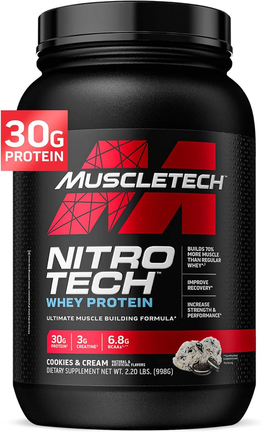 Muscletech Nitro-Tech Whey Protein Powder (Cookies & Cream, 2.2 lbs) - Muscle Building Formula with Protein Isolate, Peptides, Creatine & BCAA