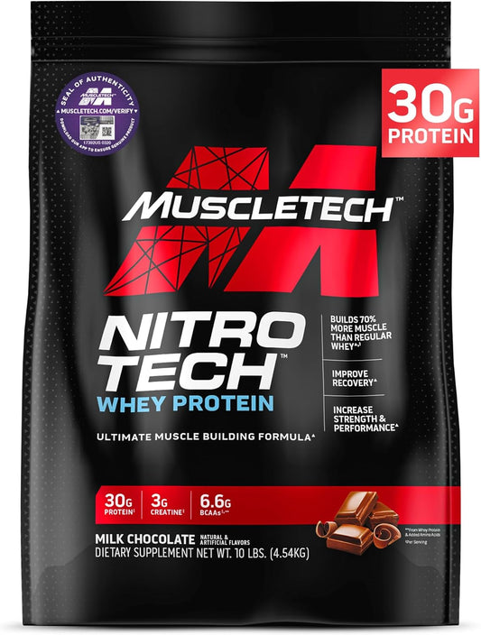 Muscletech Nitro-Tech Whey Protein Powder, Milk Chocolate Flavor, 10 lb - Muscle Building Formula with Whey Isolate & Peptides - 30g Protein, 3g Creatine, 6.6g BCAA
